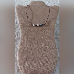 Handmade Peacock, White & Silver 3 Pearl & Brown Leather Necklace